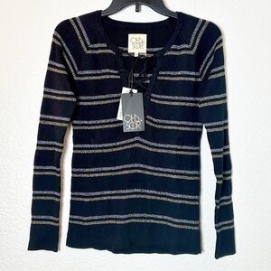 NWT Chaser Womens Sweater Cotton Lurex Ribbed Black Silver and Gold Lace up